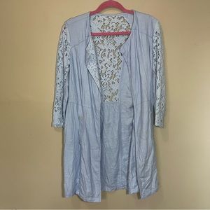 Chico's Women's Sz 12 Blue Cami Layering  Crochet 3/4 Sleeve Open Cardigan Linen